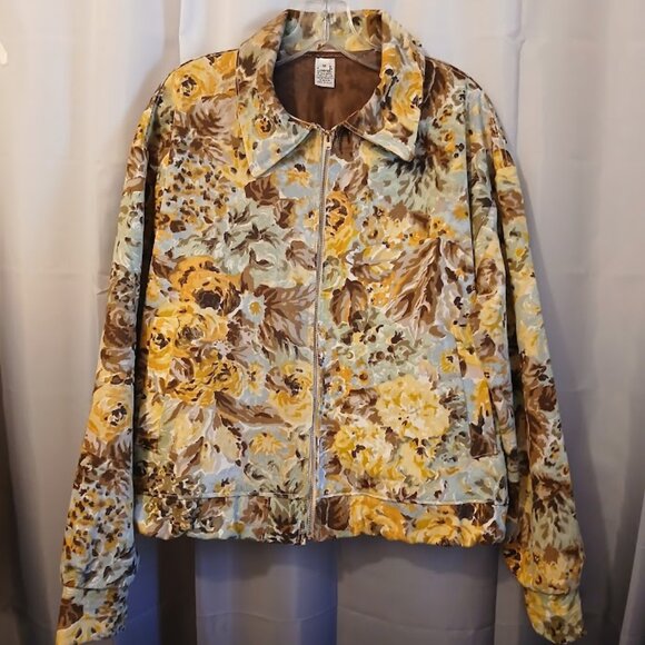 Nwt Floral Roses Twill Denim Full zip up Jacket Coat womens M Mint Brown Mustard - Picture 1 of 12